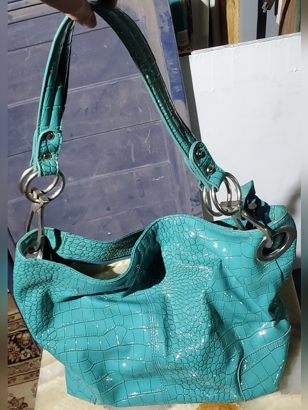 Penelope Ann Teal Croc-Embossed Shoulder Bag - Women